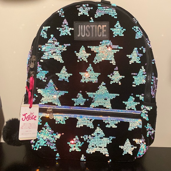 Justice Girls 17" Backpack Black Velvet Iridescent Sequins Stars Pattern Pom Pom - Picture 1 of 5
